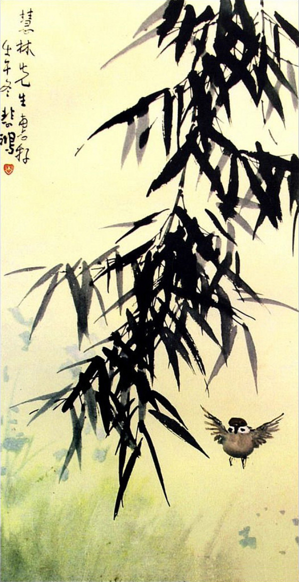 Xu Beihong bamboo and a bird old China ink Oil Paintings